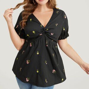 Floral Embroidered Ruched Puff Sleeve Blouse Size 1XL